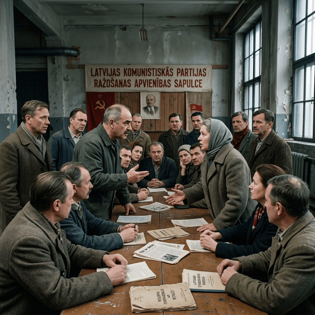 Group of people in a meeting room debating with papers on the table and a Soviet banner behind