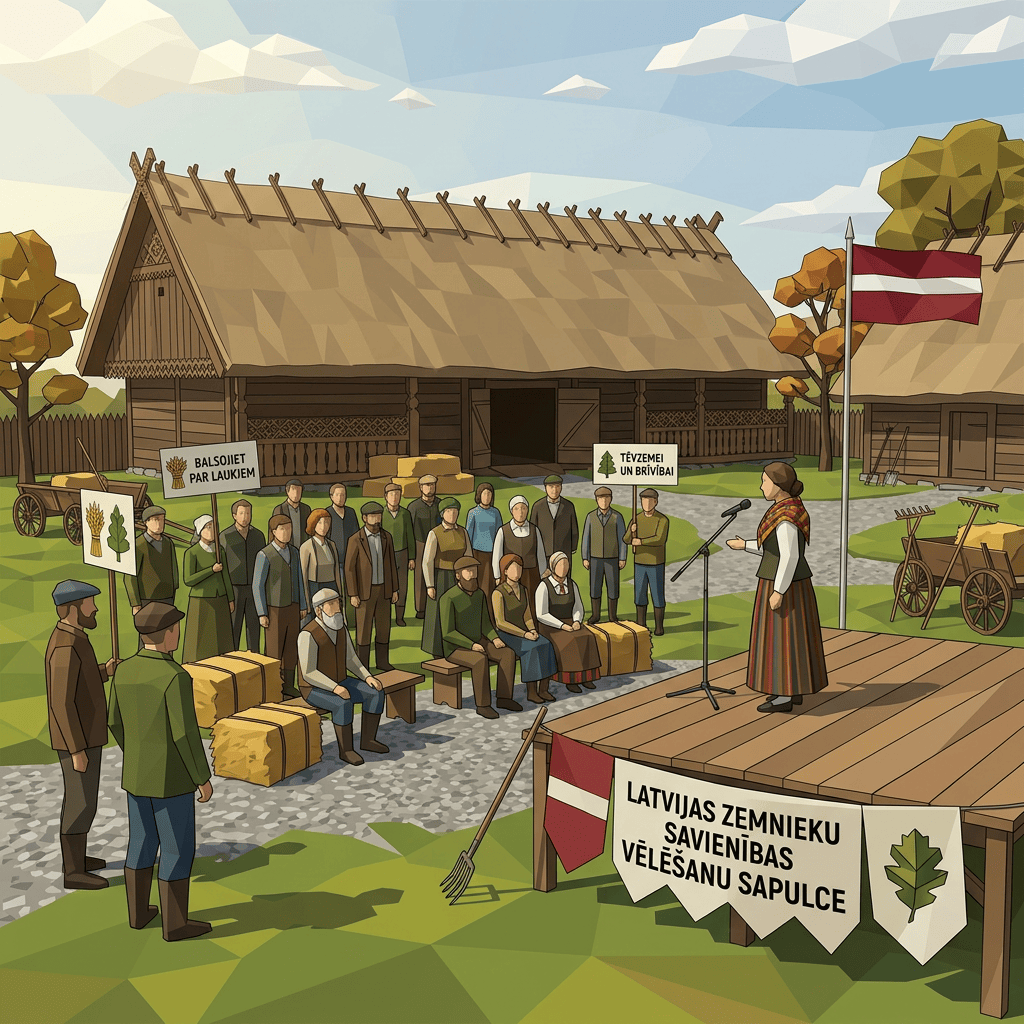 Outdoor election meeting of Latvian farmers with speaker on stage and audience