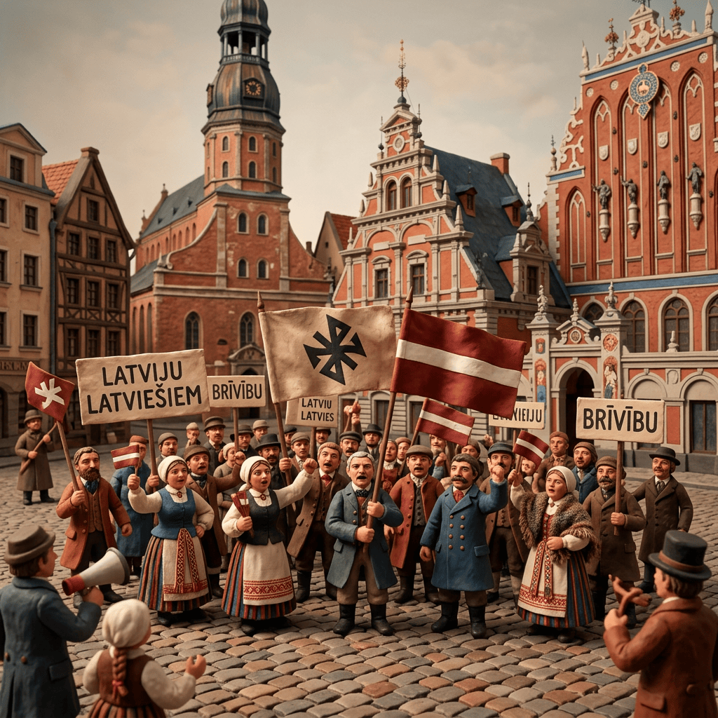 Miniature figures gathered in a historic Riga square holding Latvian flags and signs saying 'BRĪVĪBU' and 'LATVIJU LATVIEŠIEM'