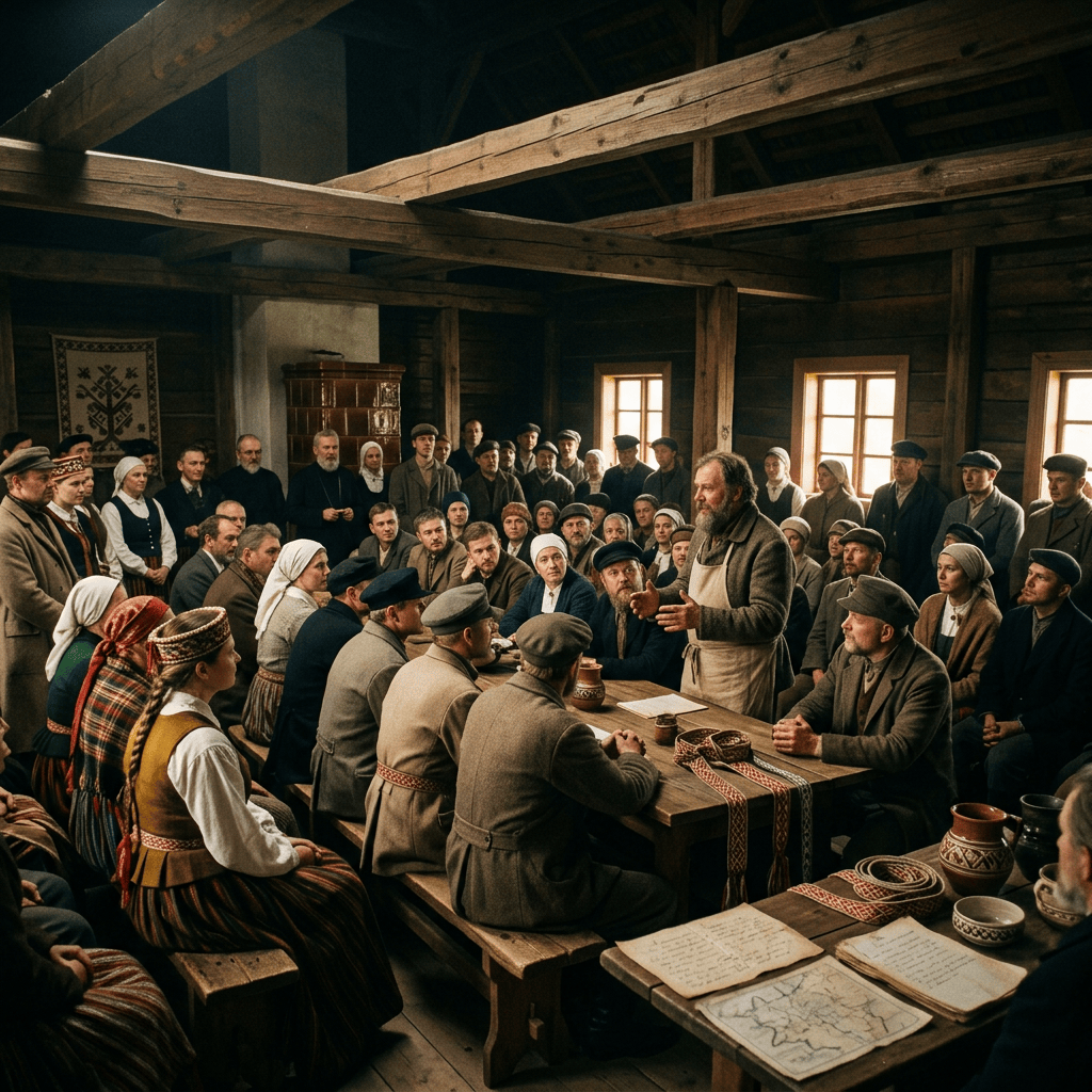People in traditional clothing seated and standing in a wooden hall during a community meeting