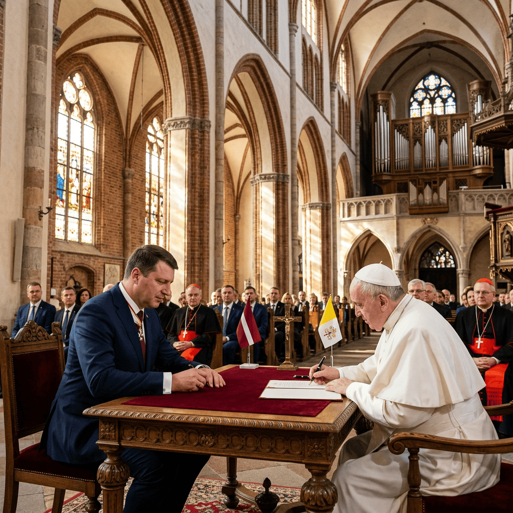 Pope Francis and a suited man signing documents at a wooden table inside a cathedral.