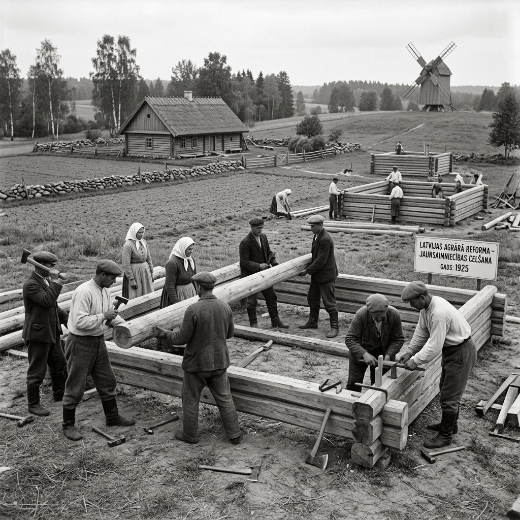 Group of Latvian workers constructing log houses in a rural field in 1925
