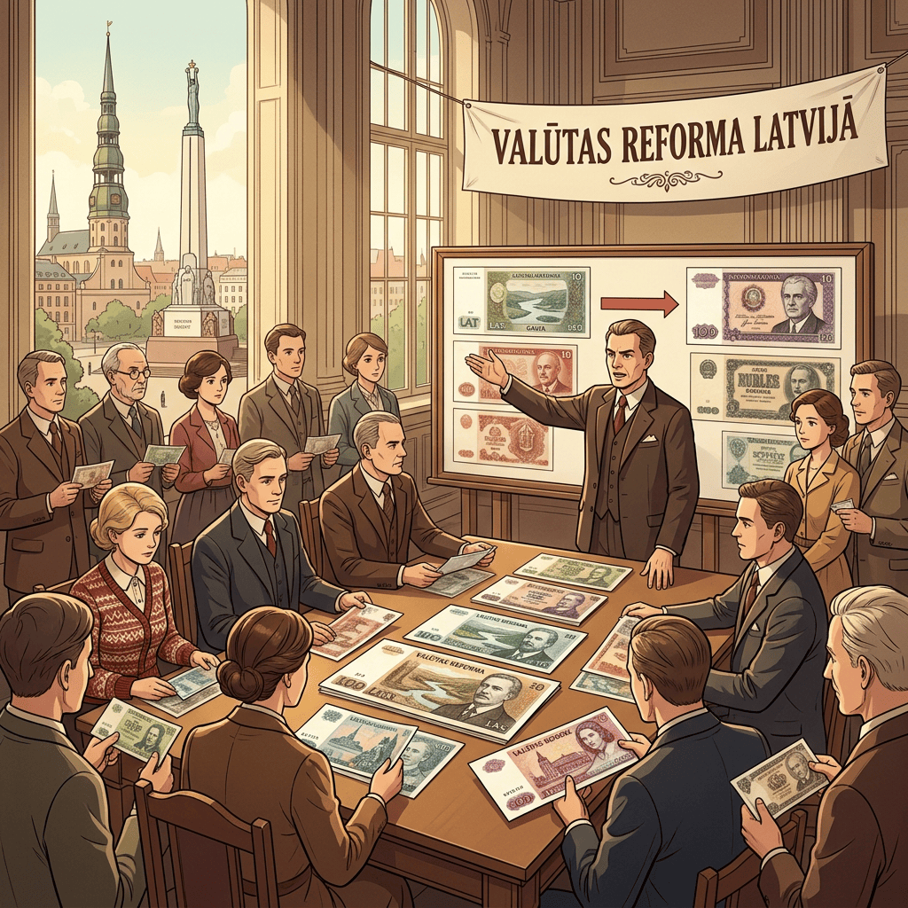 People seated around a table reviewing Latvian and foreign banknotes during a currency reform meeting