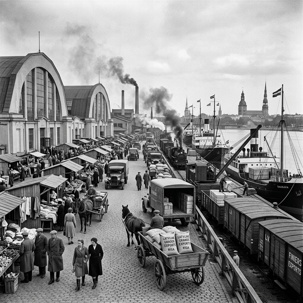 Harbor in Riga with market stalls, horse carts, trucks, steam train, and cargo ships