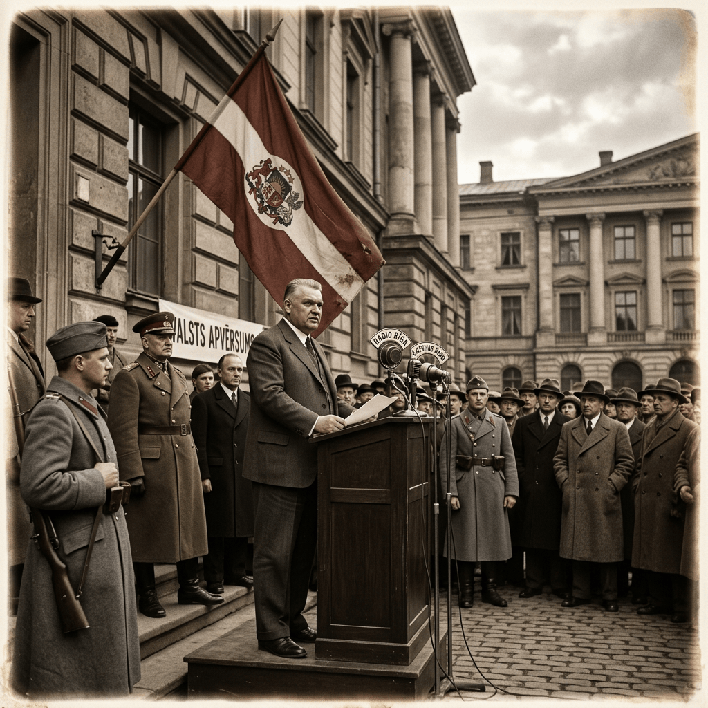 Man speaking at podium with Latvian flag and crowd in early 20th century attire