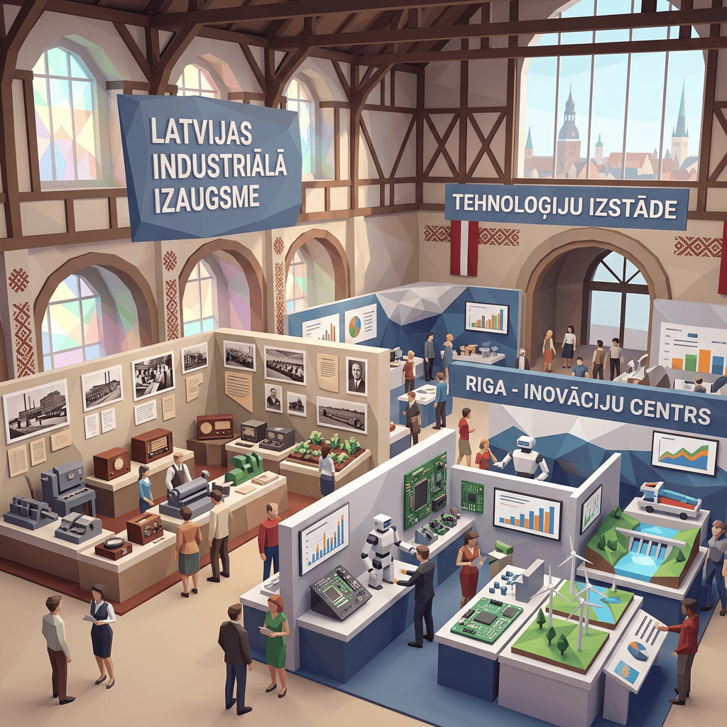 Exhibition hall showcasing Latvia's industrial growth, technology displays, and innovation center