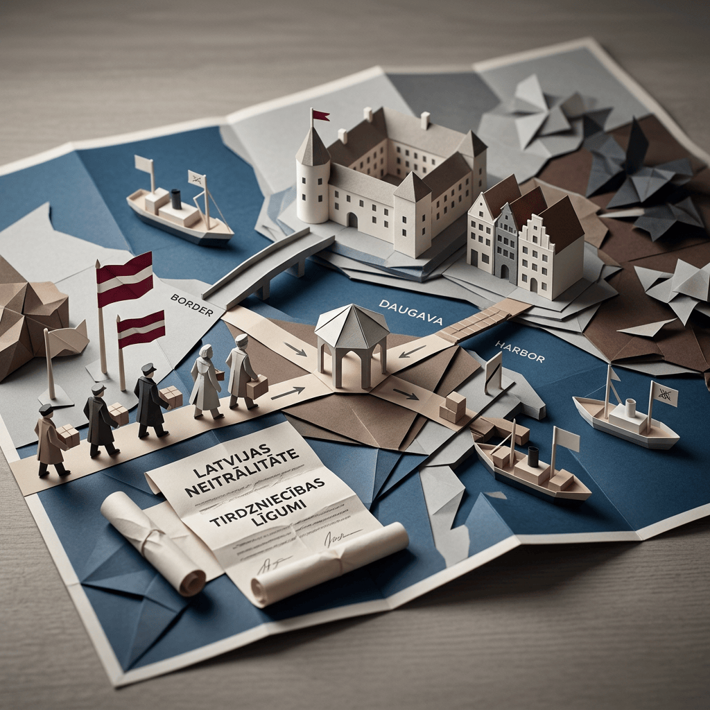 Paper map with Latvian border, ships, castle, and trade treaty documents