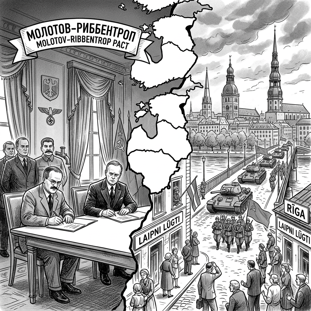 Molotov-Ribbentrop Pact signing with Soviet officials and tanks entering Riga