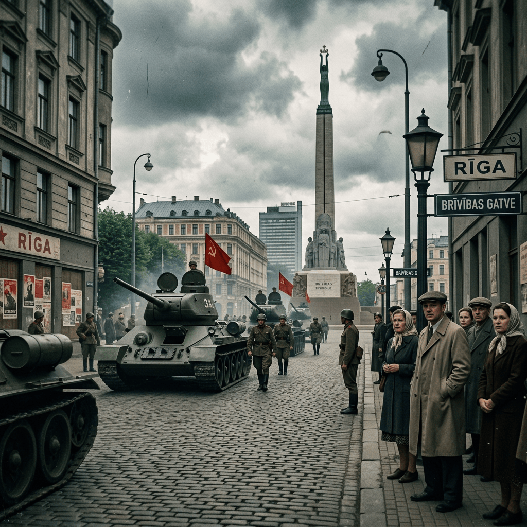 Soviet tanks with red flags parading on cobblestone street in Riga with onlookers