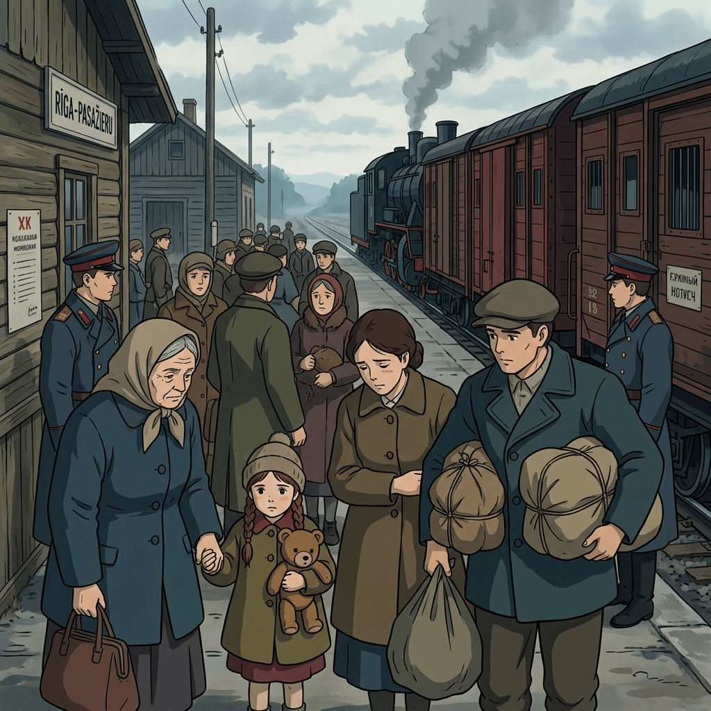 Group of people, including women, children, and soldiers, waiting by a steam train at a station named Riga-Pasažieru.