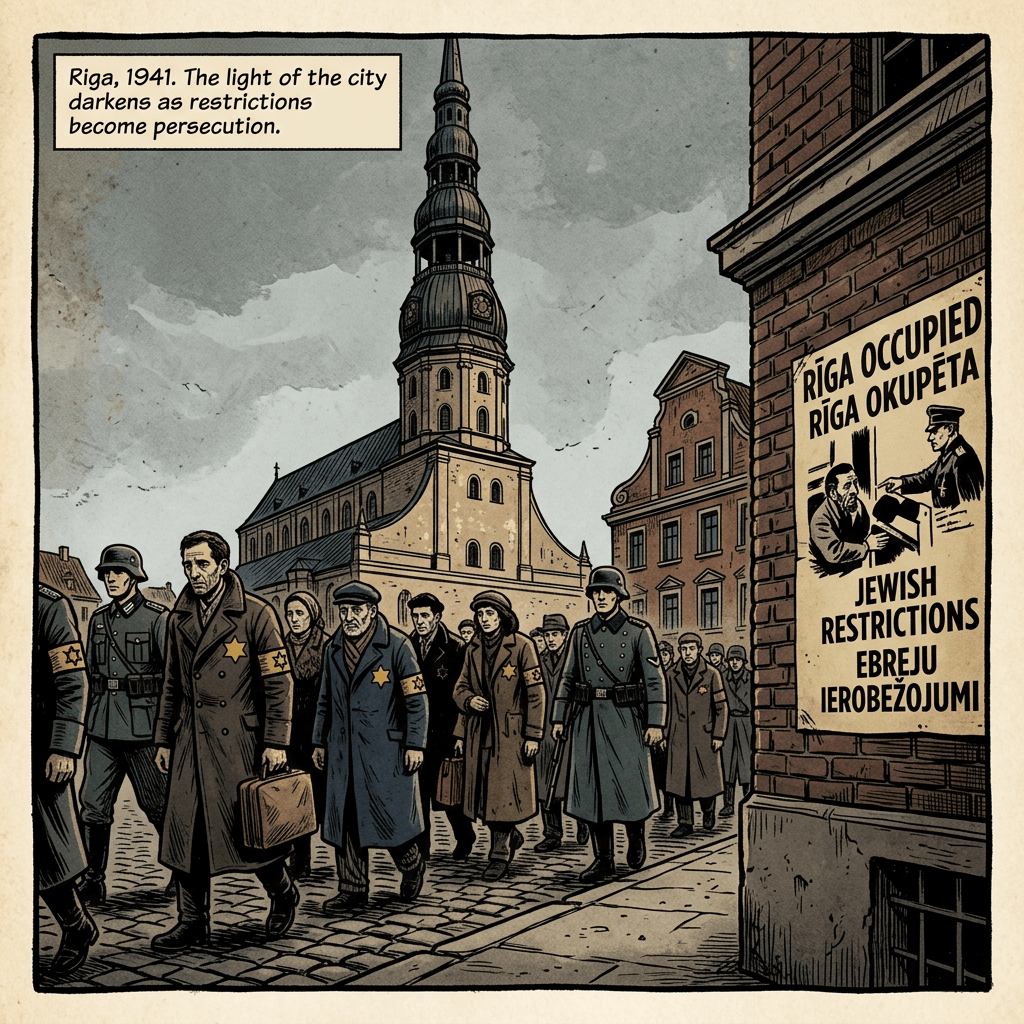 Jewish people wearing yellow stars walking guarded by Nazi soldiers in front of a church in Riga in 1941
