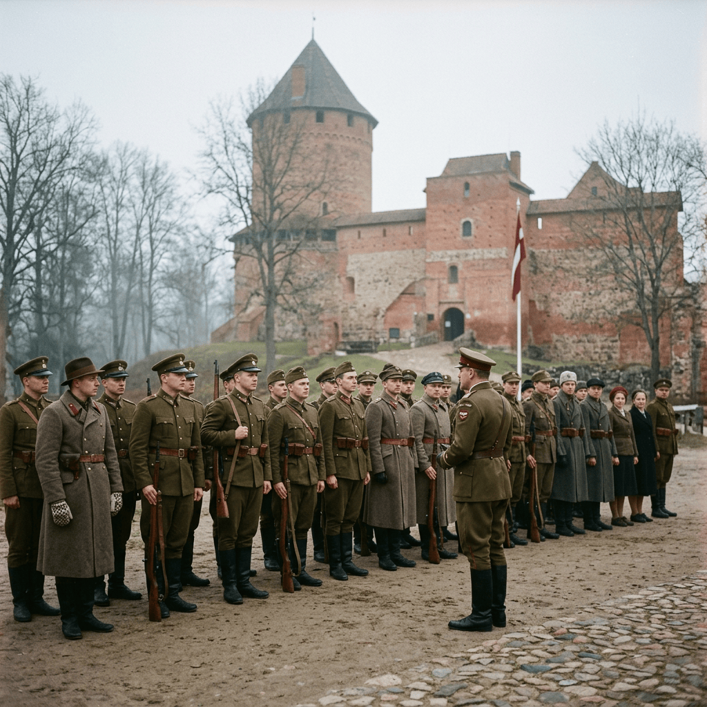 Group of soldiers in uniform standing in formation outside a stone castle