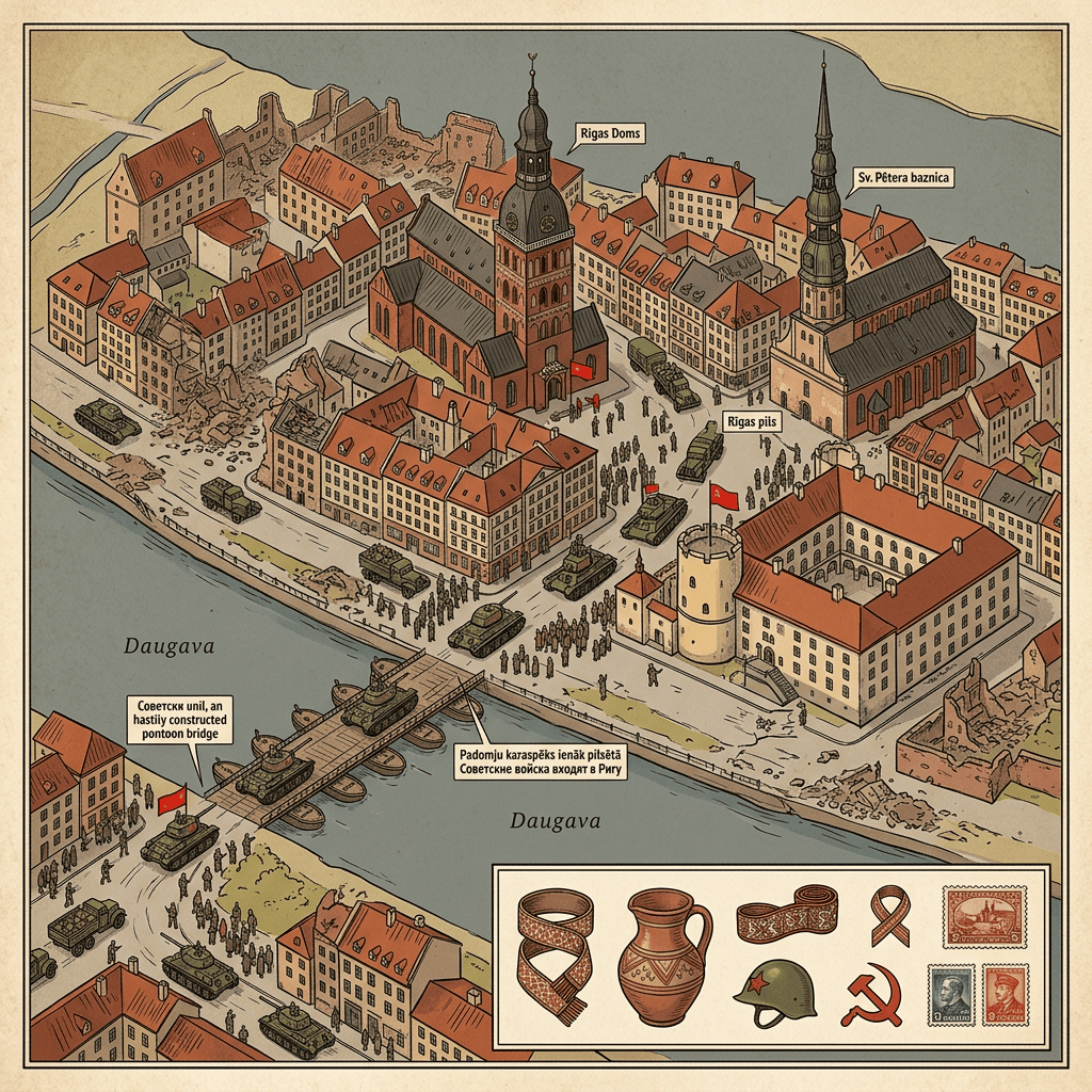 Soviet troops and tanks crossing pontoon bridge over Daugava River entering Riga city with labeled landmarks