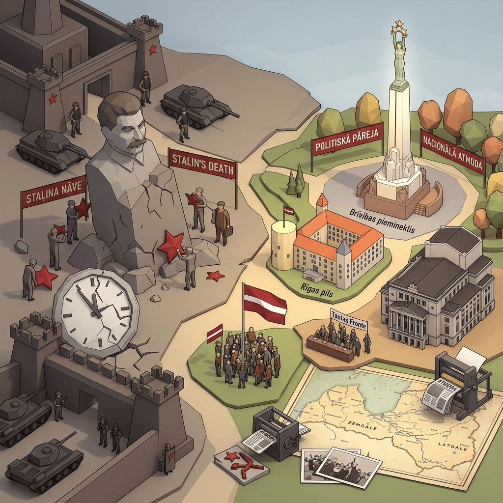 Illustration of Latvia's history showing Stalin's bust, Soviet tanks, Latvian flag, monuments, and a political assembly.