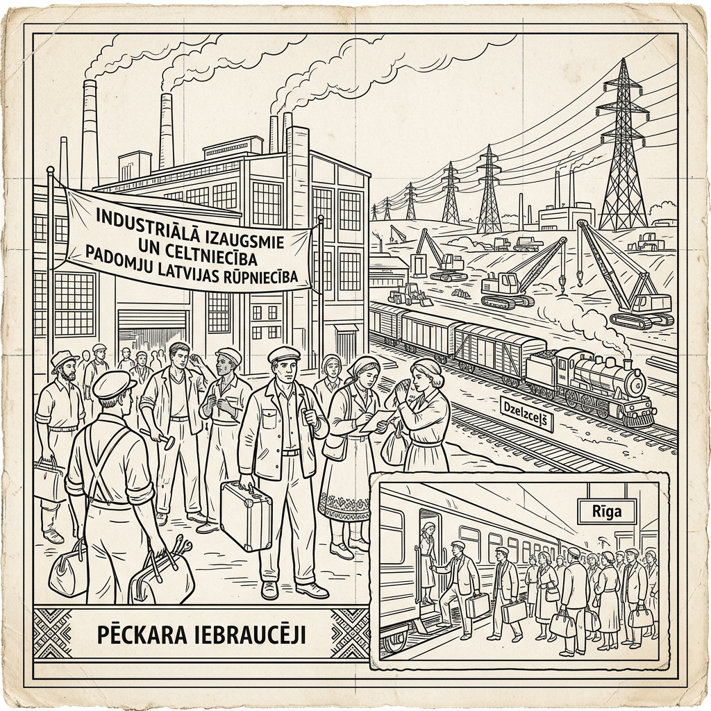 Workers arriving at a Latvian industrial site by train in the postwar period with factory and construction scenes