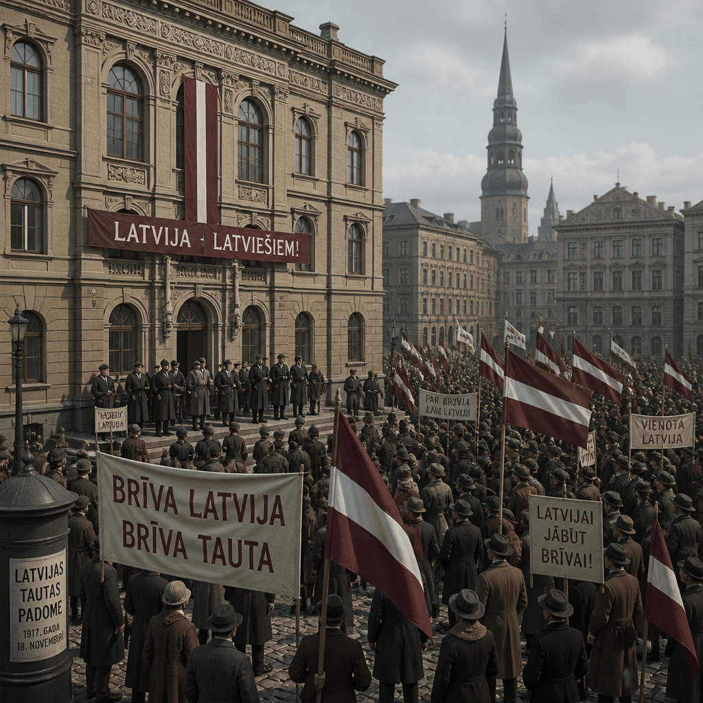 Crowd with Latvian flags and signs in front of a government building