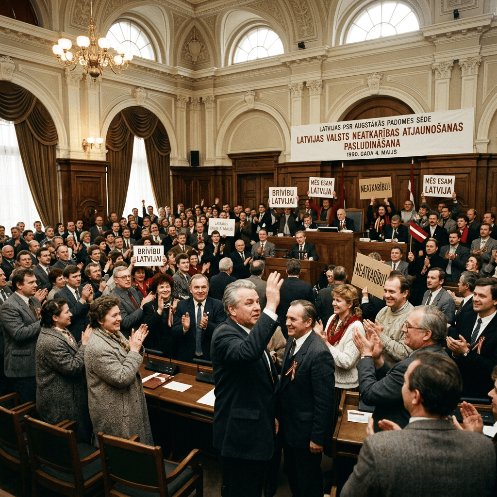 Latvian parliament members clapping and holding signs about independence in 1990 session